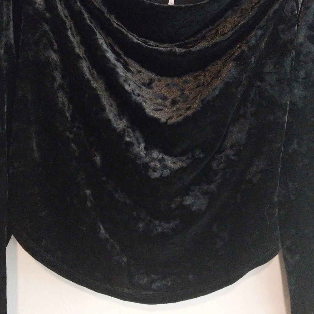 Free People Black Crushed Velvet Ruched Drape Whimsigoth Fairy Scoop Neck Top